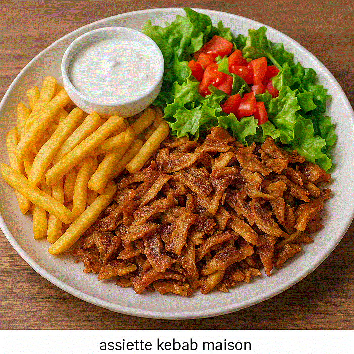 Assiette kebab maison avec frites, salade, viande marinée et sauce blanche, plat d'accompagnement kebab prêt à servir.